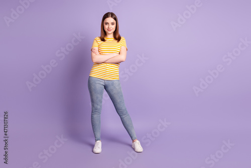 Full length photo of young attractive girl confident crossed hands wear casual outfit isolated over purple color background