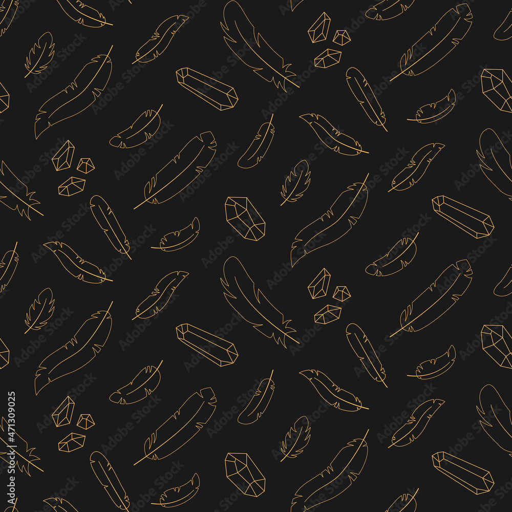 Seamless pattern of gold contour feathers and crystals on a dark background Seamless pattern of gold contour feathers and crystals on a dark background