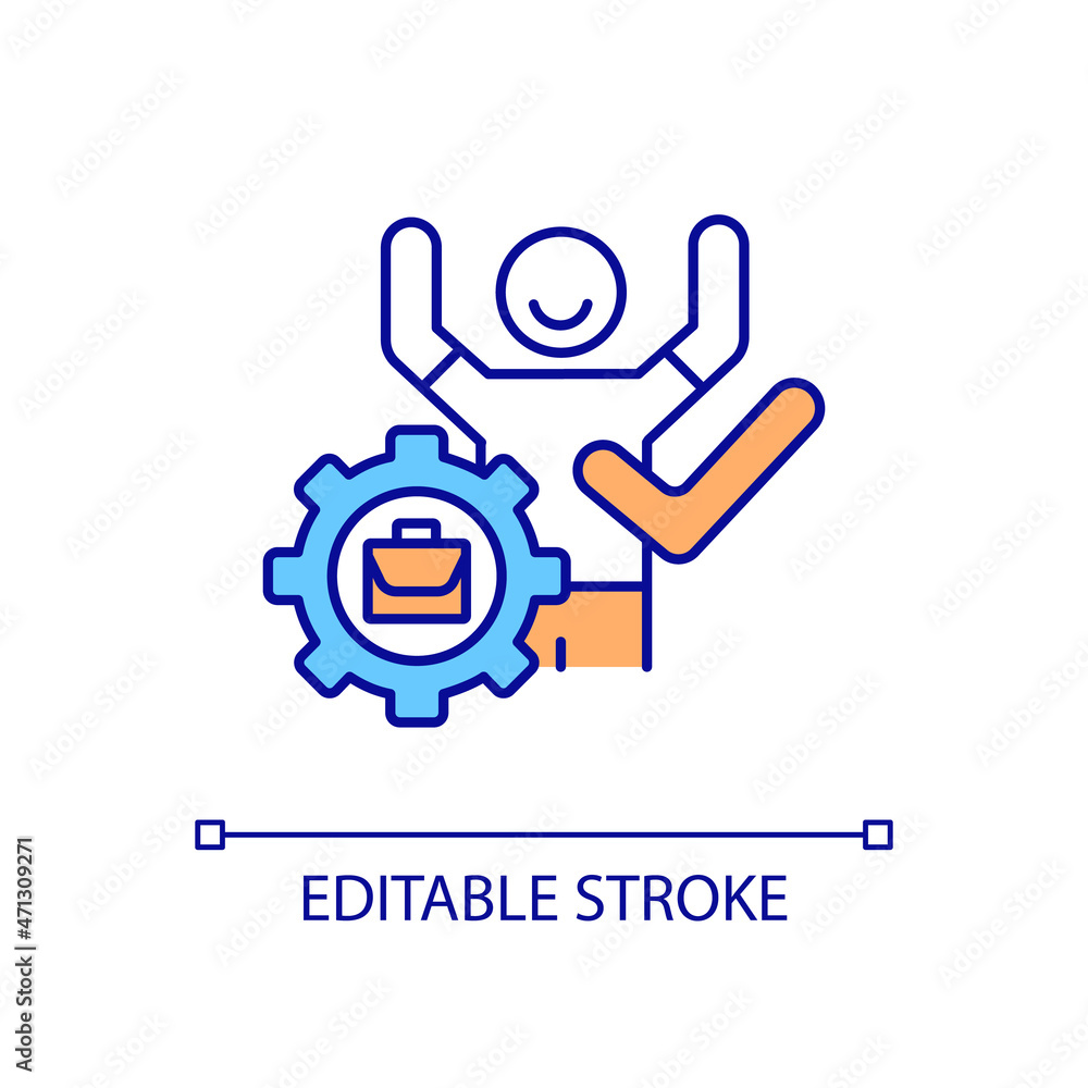 Productive employee performance RGB color icon. Happy worker. Human resources. Work and business management. Isolated vector illustration. Simple filled line drawing. Editable stroke