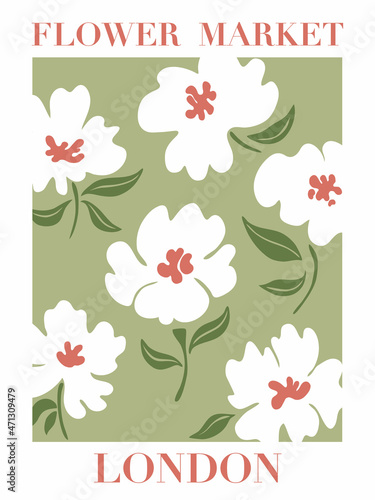 Flower market poster with meadow flowers. Printable wall art. Vector illustration.
