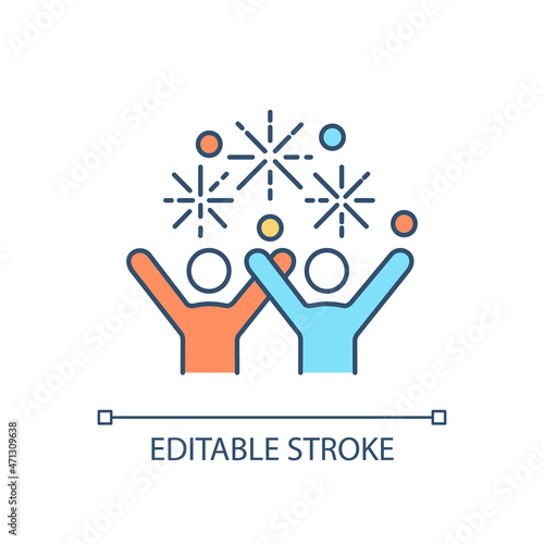 Happy people RGB color icon. Celebration. Two persons at party with fireworks. Positive and optimistic. Party and evening. Isolated vector illustration. Simple filled line drawing. Editable stroke