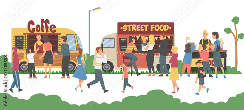 People Character in the Park Eating Street Food Buying Drink and Snack Vector Illustration