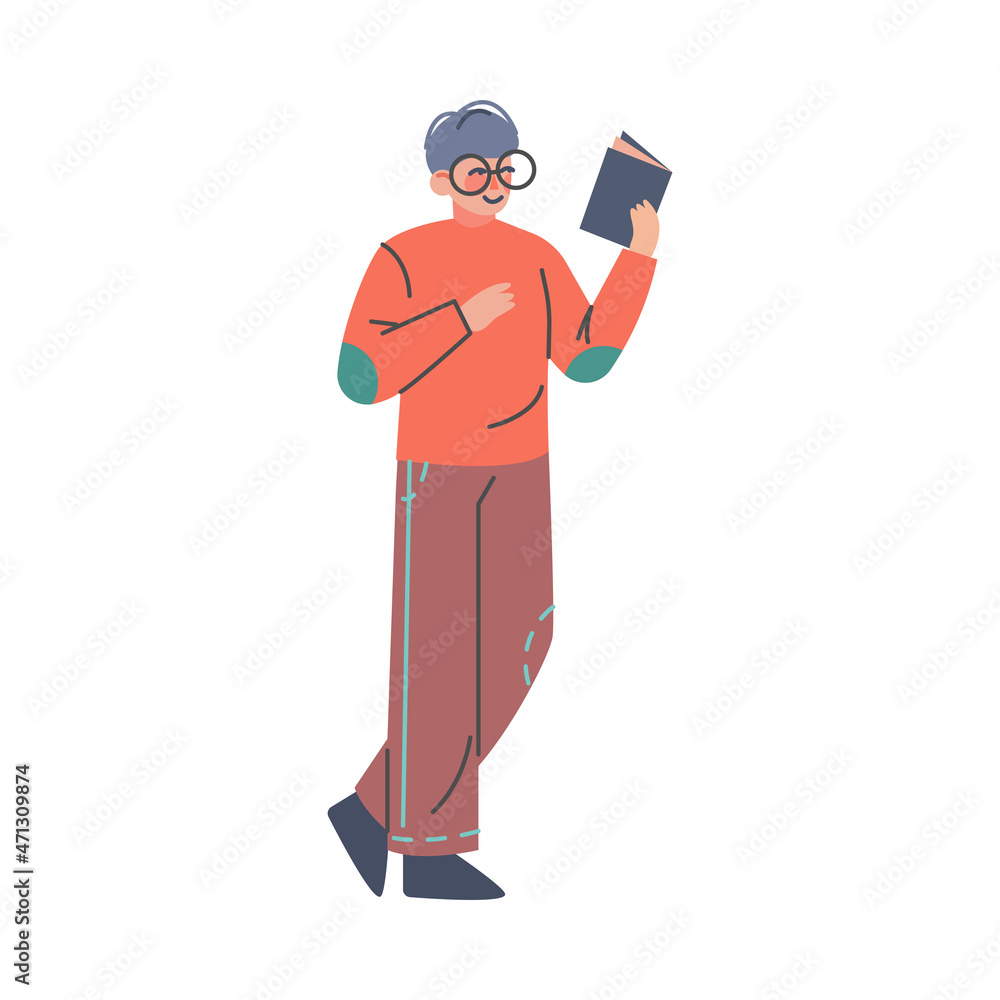 Puzzled Man Holding Open Book Asking Question and Searching for Information Vector Illustration