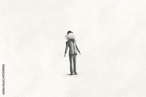 Illustration of man with head in the cloud, surreal abstract concept