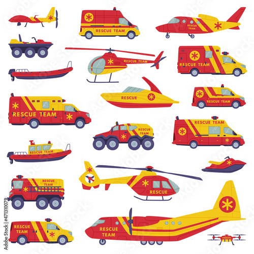 Rescue Equipment with Specialized Machine and Emergency Vehicle for Urgent Saving of Life Vector Set