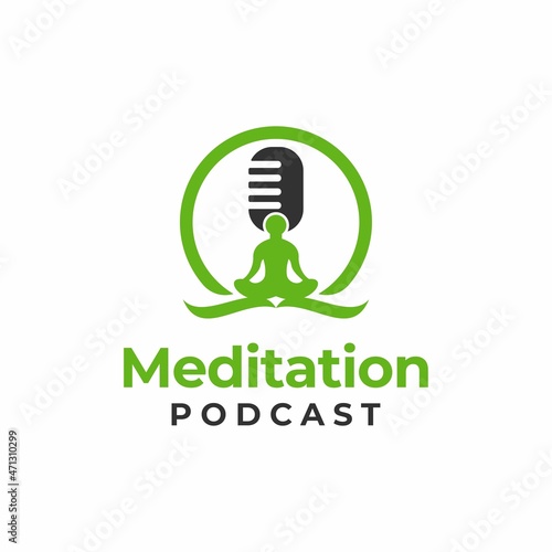 Podcast Microphone with People Meditation Symbol Logo Design
