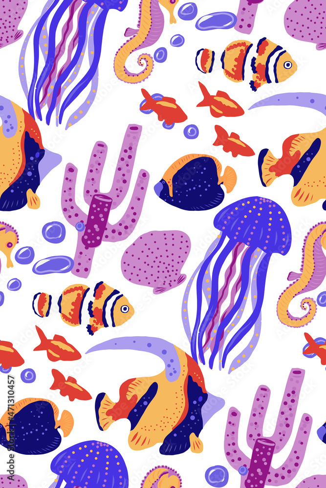 Seamless pattern with underwater motives. Exotic fishes, corals, jelly fish. clown fish, vector illustration.