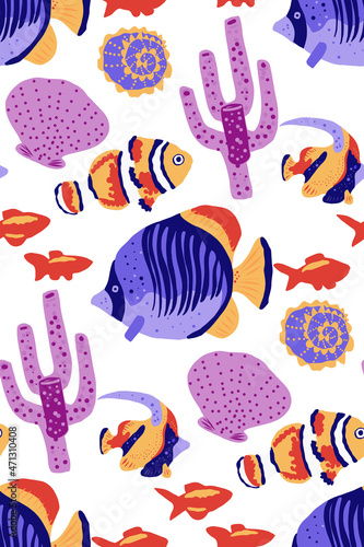 Seamless pattern with underwater motives. Exotic fishes, corals, jellyfish. limited color palette, Can be used for fabric design, wallpapers, background design.