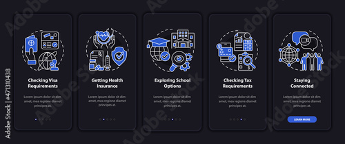 Things to consider when moving dark onboarding mobile app page screen. Walkthrough 5 steps graphic instructions with concepts. UI, UX, GUI vector template with linear night mode illustrations