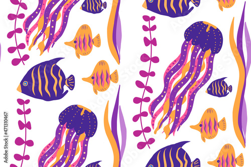Seamless pattern with underwater motives. Exotic fishes, corals, sea grass, jellyfish. Can be used as fabric design, limited color palette.  Vector.