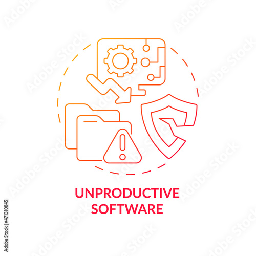 Unproductive software red gradient concept icon. Online piracy abstract idea thin line illustration. User computer system damage. Viruses and spyware. Vector isolated outline color drawing