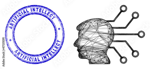 Carcass irregular mesh neural link icon, and Artificial Intellect scratched round seal. Abstract lines form neural link object. Blue seal includes Artificial Intellect tag inside round shape.