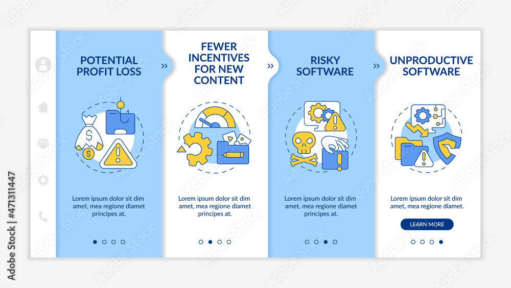Troubles of digital piracy onboarding vector template. Responsive mobile website with icons. Web page walkthrough 4 step screens. Fewer incentives for content color concept with linear illustrations