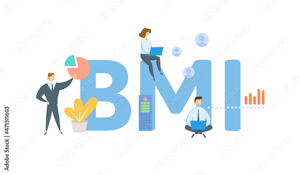BMI, Body mass index. Concept with keyword, people and icons. Flat vector illustration. Isolated on white. BMI, Body mass index. Concept with keyword, people and icons. Flat vector illustration. Isolated on white.