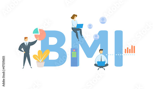 BMI, Body mass index. Concept with keyword, people and icons. Flat vector illustration. Isolated on white.
