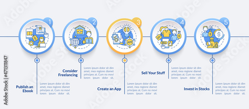 Money making ways vector infographic template. Freelancing presentation outline design elements. Data visualization with 5 steps. Process timeline info chart. Workflow layout with line icons