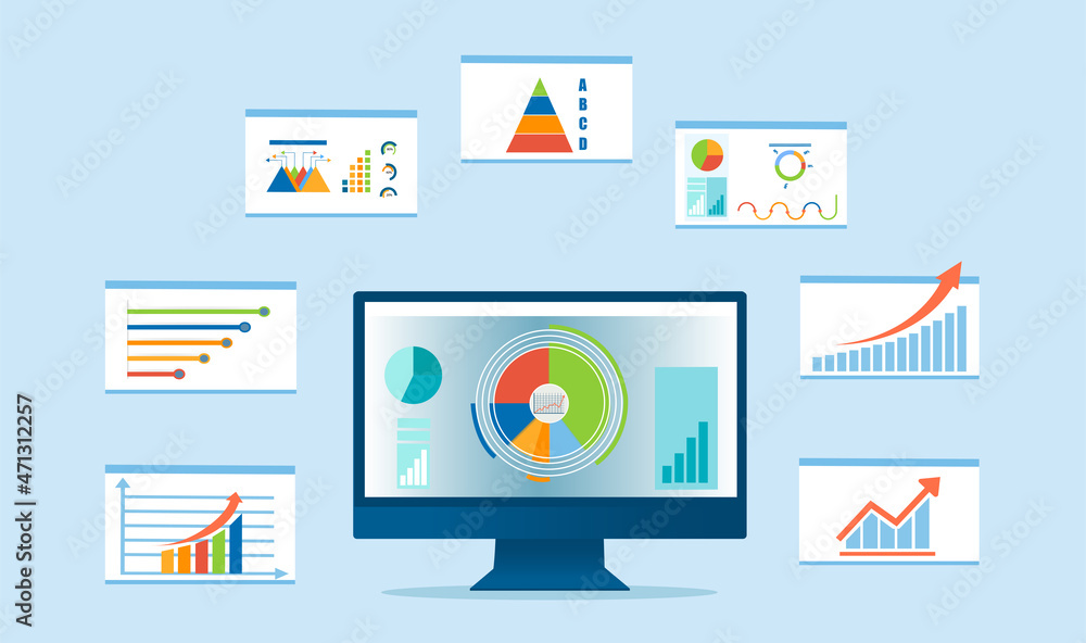 Vector of a desktop computer with multiple financial graphs and charts Vector of a desktop computer with multiple financial graphs and charts
