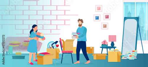 Vector of a couple relocating to a new apartment flat unpacking boxes in a living room.