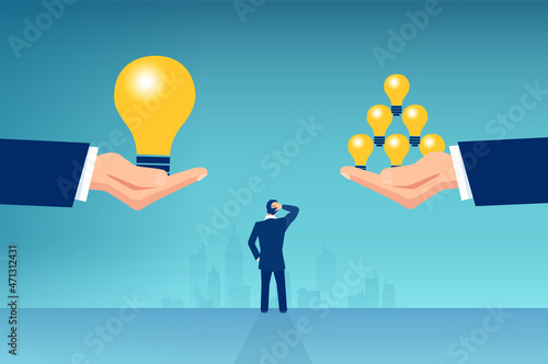 Vector of a business man thinking making a choice one big idea vs many small ideas light bulbs