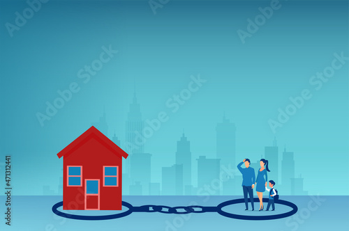 Vector of a family chained to a house burdened by mortgage payment