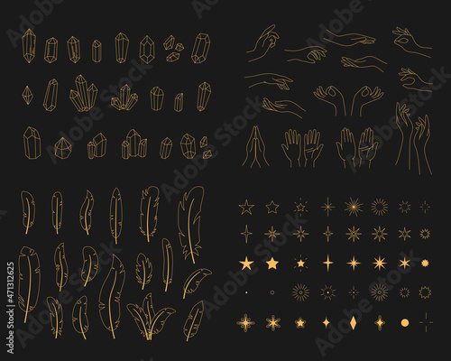Set for creating logos. Outlined hands, crystals and feathers. Tarot and makeup female astrologer icons
