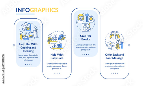 Supporting pregnant partner vector infographic template. Give breaks presentation outline design elements. Data visualization with 4 steps. Process timeline info chart. Workflow layout with line icons