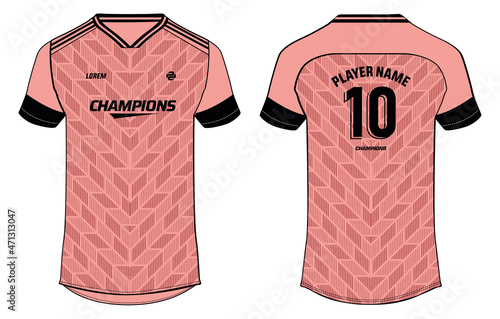 Sports t-shirt jersey design concept vector template, rhombus pattern v neck Football jersey concept with front and back view for Soccer, Cricket, Volleyball, Rugby, tennis, badminton uniform kit