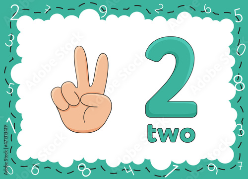 Children's educational cards with numbers. Flashcards finger counting. Kid's hand showing the number two by fingers. Zero to Ten photo