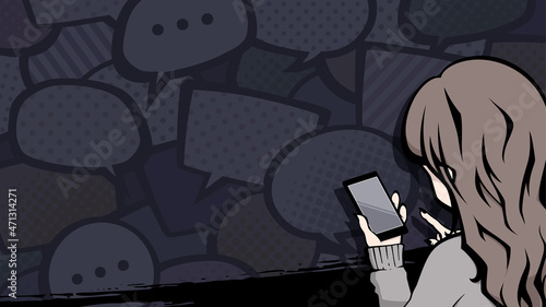 スマホを操作する女性のフレーム_アメコミ風_SNS疲れ_いじめのイメージイラスト