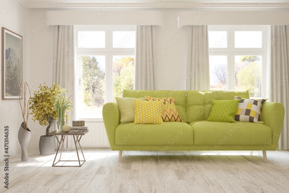 Stylish room in white color with sofa and autumn landscape in window. Scandinavian interior design. 3D illustration Stylish room in white color with sofa and autumn landscape in window. Scandinavian interior design. 3D illustration