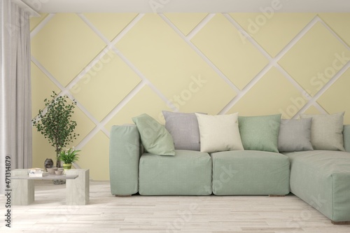 White living room with sofa. Scandinavian interior design. 3D illustration