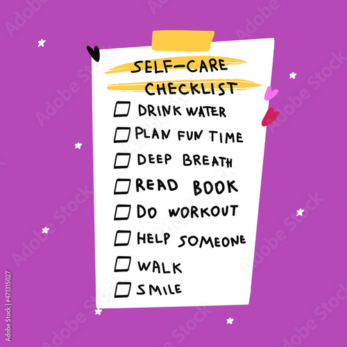 Personal self-care checklist. Illustration on pink background.