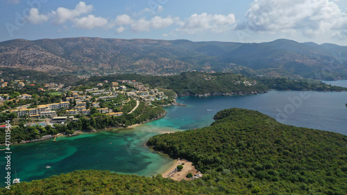 Aerial drone photo of paradise bay and complex islands of Sivota a popular summer destination, Ionian, Greece