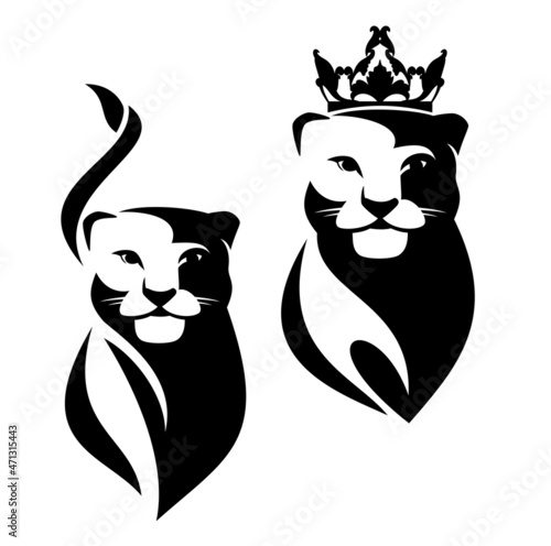 african lioness wearing royal crown black and white vector outline portrait - queen animal head simple monochrome design set photo