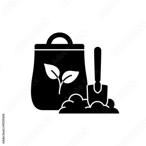 Fertilizer silhouette icon. Black simple vector of bag with soil and shovel for growing plants. Contour isolated pictogram on white background