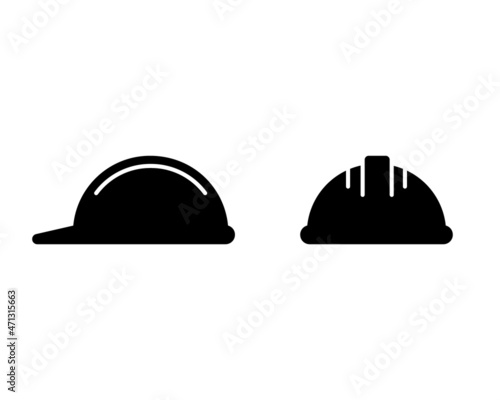 Construction helmet silhouette icons set. Front and side views. Black simple vector of professional head protection tool. Contour isolated pictogram on white background