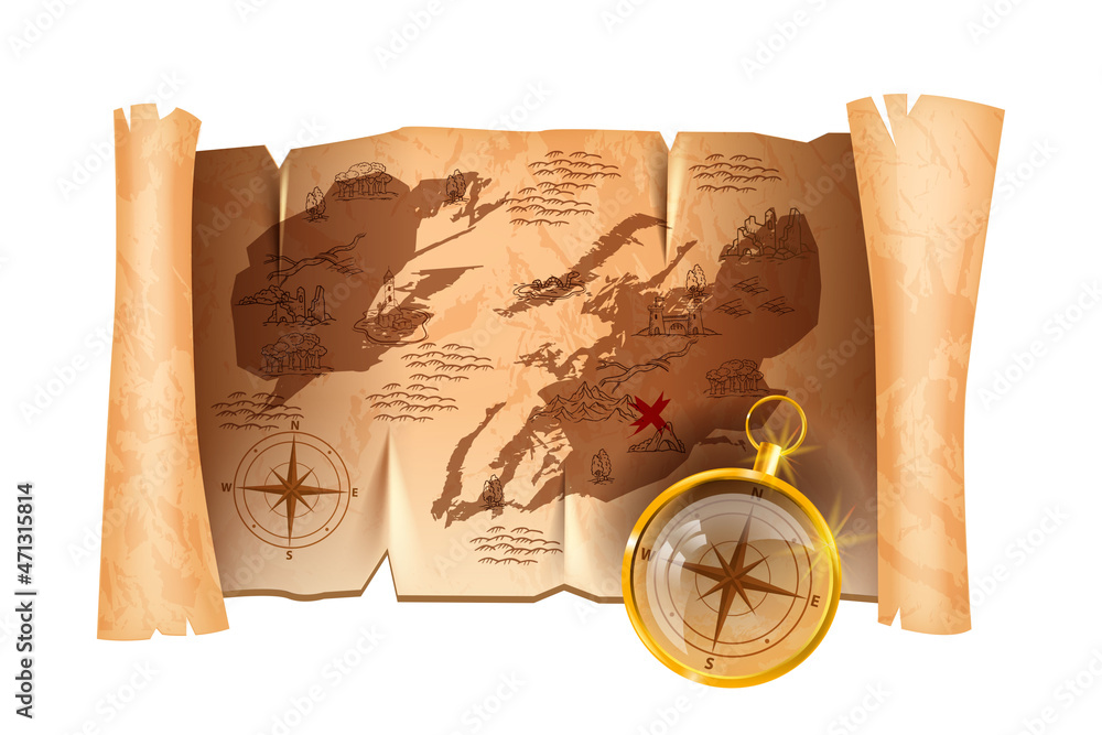 Old pirate map vector illustration, antique parchment paper scroll ...