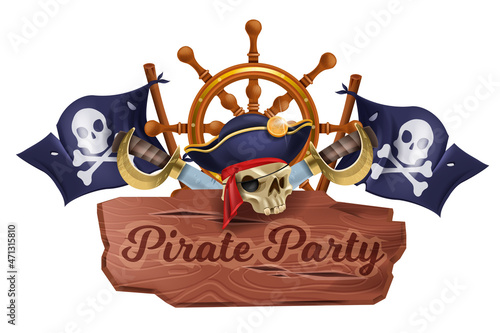 Pirate party wooden sign board, vector vintage timber plank texture banner, jolly roger flag, ship wheel. Announcement pointer badge, iron saber, skull cap, corsair tablet. Pirate party title on white