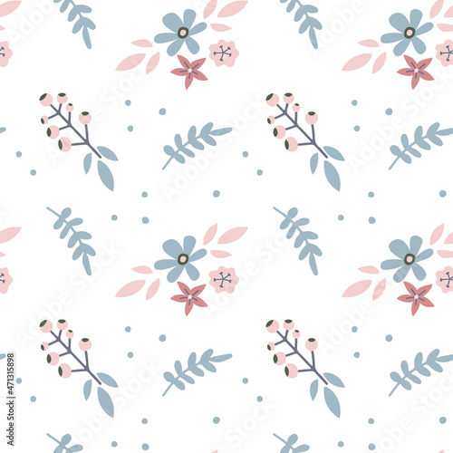 Holiday seamless pattern with hand drawn pastel flower, leaf, barry isolated on white background. Vector flat illustration. Design for textile, wrapping, wallpaper, digital paper