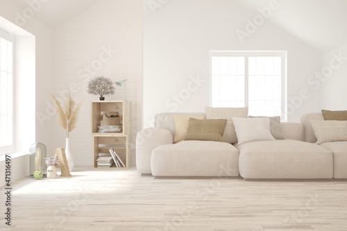 White living room with sofa. Scandinavian interior design. 3D illustration