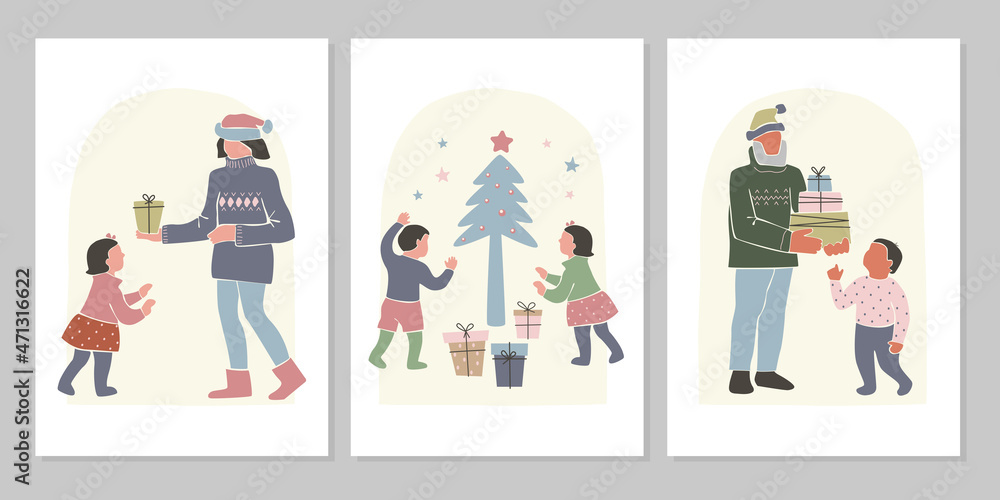 Abstract winter set of Christmas and New Year holiday greeting cards with family, children, Christmas tree Hand drawn vector flat illustration. Design for pattern,  posters, invitation, greeting card
