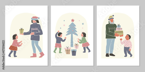 Abstract winter set of Christmas and New Year holiday greeting cards with family, children, Christmas tree Hand drawn vector flat illustration. Design for pattern, posters, invitation, greeting card