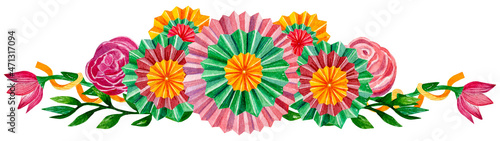 Large watercolor border of paper fans and flowers on a white background. Cinco de mayo.