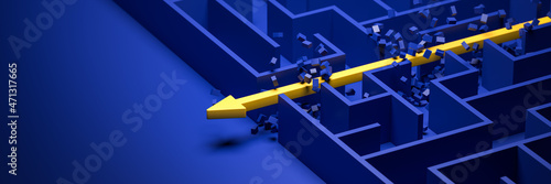 Naklejka 3d rendering: Concept - solving a complex problem. Brute force method: breaking through the brick wall. Blue maze and floor with yellow solution path with arrow. Banner size.