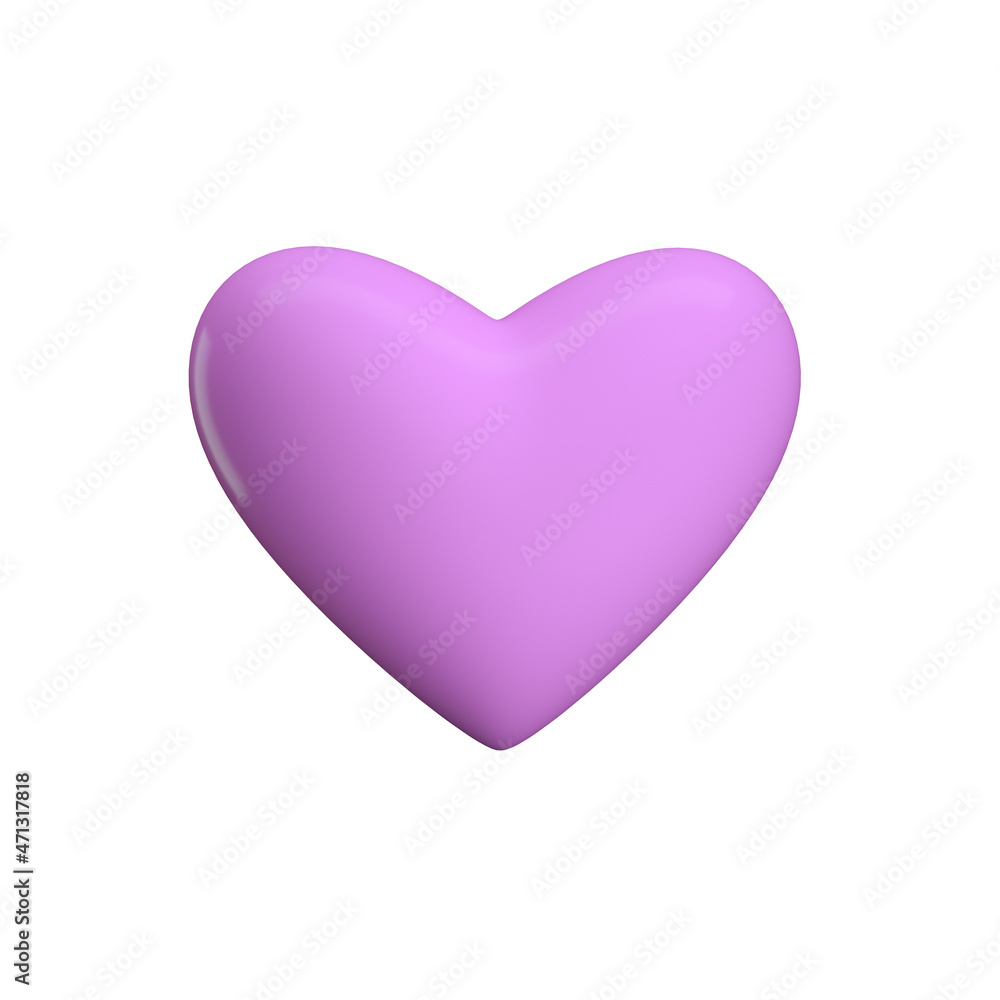 Minimalist style 3D illustration of bright purple heart as symbol of love isolated on white background