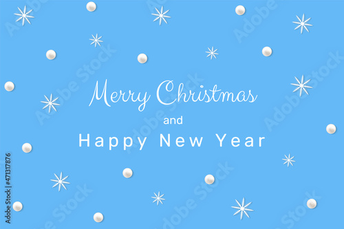Merry Christmas and Happy New Year background. Lettering with 3D pearls and snowflakes on blue background. Realistic vector illustration. Holiday template