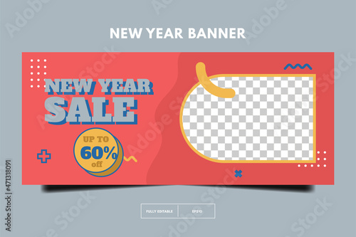 Horizontal banner template. Social media promotion template. New year sale 80s retro post template. memphis social media design. 
