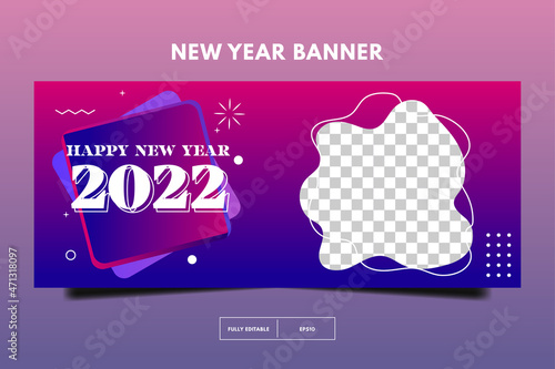 Horizontal banner. Social media promotion template, happy new year with modern memphis. happy new year sale 2022