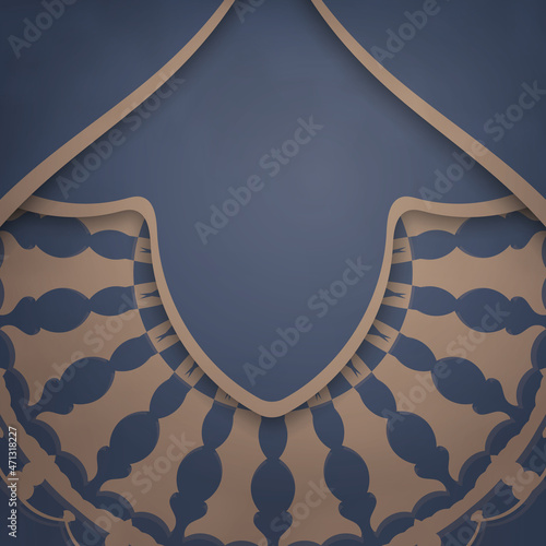 Greeting card template in blue with Indian brown pattern prepared for printing.