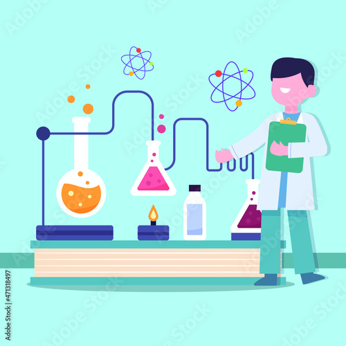 Young boy student showing a process liquid chemistry in   laboratory.  Explosion in the laboratory. Science and education. science is fun. Vector colorful illustration flat.